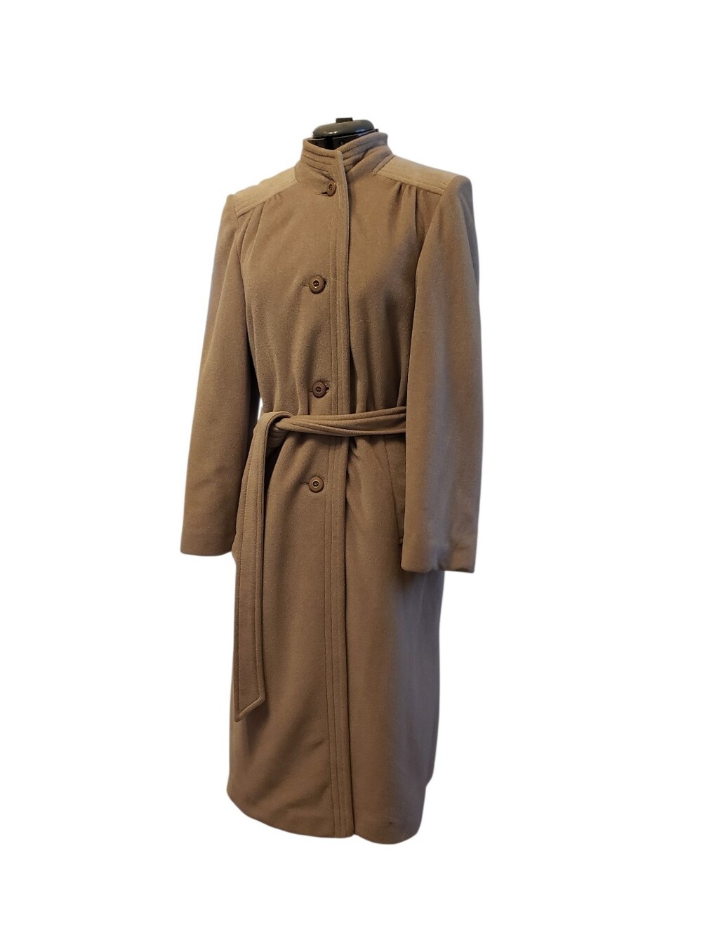 Vintage 70s Sherwood of Ohio Belted Funnel Neck Trench Coat Size S Tan